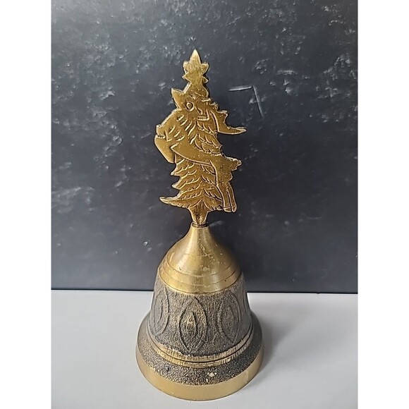 Brass Reindeer Christmas Tree Hand Bell Vintage Christmas Decor - Picture 2 of 10